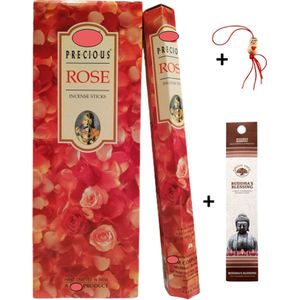 Doos met 120 stokjes - Wierook - Wierookstokjes - Incense sticks - Precious Roos - Rose  + 5 mini wierookstokjes + Gelukspoppetje