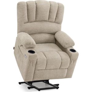MCombo Elektrische Relaxstoel met Opstahulp – Beige Stof – TV Stoel met Massage- en Verwarmingsfunctie – Ligfunctie tot 145° – Seniorenstoel met USB & Bekerhouders