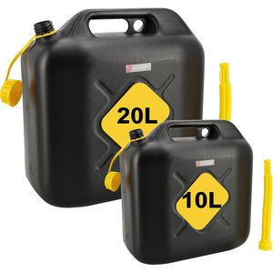 Jerrycan 20L + 10L Zwart – Set van 2 – UN-Gekeurde Kunststof Brandstof Jerrycans met Trechter, Schenktuit en Vulslang – Voor Benzine, Diesel en Water