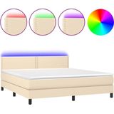 vidaXL - Boxspring - met - matras - en - LED - stof - crèmekleurig - 160x200 - cm