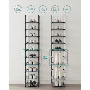 Schoenenrek, 10 niveaus, schoenenrek, schoenenopberger, smal, 33 x 33 x 173 cm, metalen frame, planken van vliesstof, voor hal, slaapkamer, grijs LSR110G01