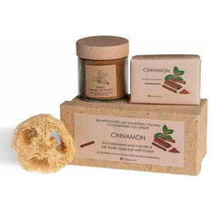 Welness cadeauset - kaneel met eco waskaars, zeep en zeesponsje