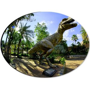 WallClassics - Dibond Ovaal - Foto van een Beeld van een Dinosaurus - 28x21 cm Foto op Ovaal (Met Ophangsysteem)