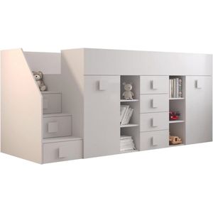 Hoogslaper voor Kinderen met Bureau en Opbergruimte - Multifunctioneel Stapelbed met Kledingkast, Planken en Laden