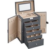 SONGMICS - Juwelendoos - Grijs - Grote Juwelendoos met 6 Niveaus en Scharnierende Zijdeuren