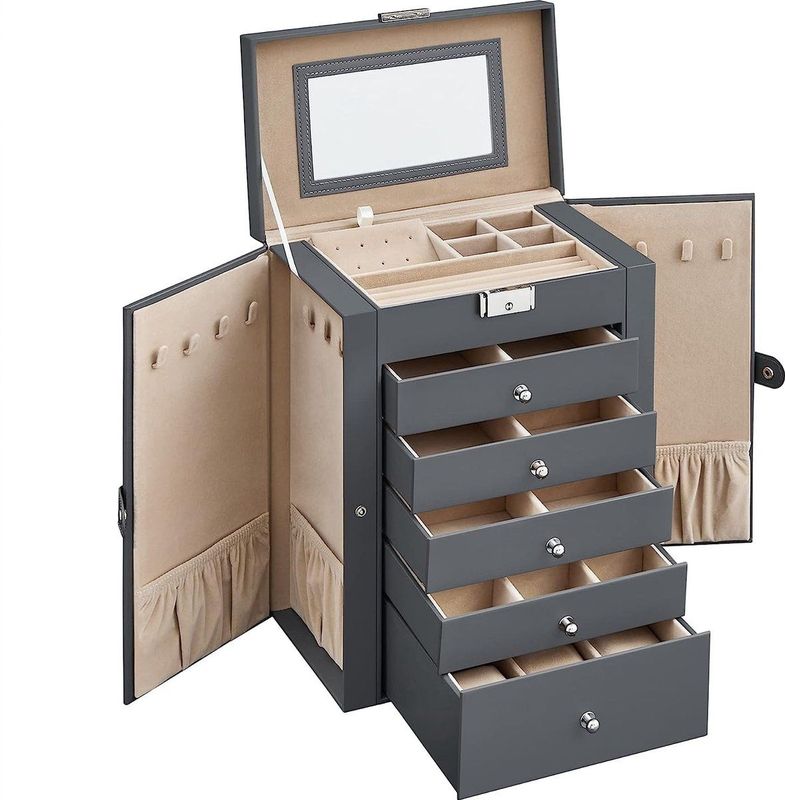 SONGMICS - Juwelendoos - Grijs - Grote Juwelendoos met 6 Niveaus en Scharnierende Zijdeuren