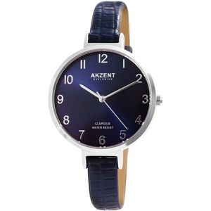 Akzent-Dames horloge-Analoog-Rond-36MM-Zilverkleurig-Blauw lederen band.