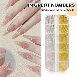 Accessoires Set voor Nagels met 5680 Nagel Charms in Goud en Zilver - 6 Verschillende Maten - RVS Pincet en Nagel Kunst Kaviaar Parels voor Creatief 3D Ontwerp