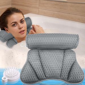 Ergonomisch badkussen 4D-mesh met antislip zuignappen - Grijs, neksteun voor badkuip & spa.