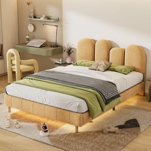 Gestoffeerd bed met duimvormig hoofdbord - kinderbed - jeugdbed met onderbed LED-lichtstrip - tweepersoonsbed met houten latten, fluweel- kaki 140x200cm
