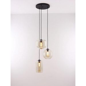 EEF hanglamp - rond - 3xE27 - amber glazen hangers - 185cm - mat zwart afgewerkt