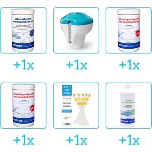 Zwembad Onderhoudsset - Startersset bevat Chloor - Chloordrijver - PH-min en PH-plus - Testrips - Anti Alg - Interline Onderhoud Starterspakket- voor Opzetzwembaden - Voor middelgrote zwembaden van 2500 tot 25.000 liter (6-delig)