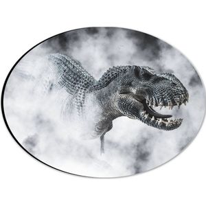 Dibond Ovaal - Gevaarlijke T-rex Dinosauris in de Mist (Zwart- wit) - 28x21 cm Foto op Ovaal (Met Ophangsysteem)