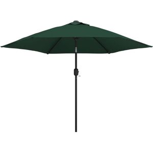 <p>Deze LED parasol is gemaakt van UV-bestendig polyester, wat je huid beschermt tegen schadelijke zonnestralen. Het ventilatiegat in het doek zorgt voor stabiliteit en ventilatie, waardoor je je comfortabeler voelt. Daarnaast heeft deze parasol 18 LED-lampen op zonne-energie, wat zorgt voor extra verlichting en romantiek tijdens je buitenactiviteiten.</p>
<ul>
  <li>Kleur doek: groen</li>
  <li>Materiaal luifel: polyester</li>
  <li>Diameter doek: 3 m</li>
  <li>Hoogte: 2,25 m</li>
  <li>Materiaal: stalen frame met een zwart gepoedercoate afwerking</li>
  <li>Standaard met twee delen: 38 mm</li>
  <li>Met zwengel en kantelmechanisme</li>
  <li>Met 18 LED-lampen op zonne-energie</li>
  <li>Met 6 stalen baleinen</li>
  <li>Enkel ventilatiegat (geen flap)</li>
  <li>Zwevend ontwerp</li>
  <li>Hangende parasol met krukas</li>
  <li>Winddicht</li>
  <li>Goeie ventilatie en bescherming tegen UV-zonnestralen</li>
  <li>Goede verlichting in de avond</li>
  <li>Materiaal: Polyester: 100%</li>
</ul>