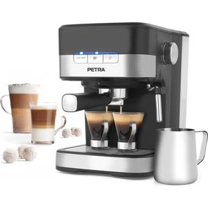 Petra PT4623VDEEU7 Espresso Pro-koffiezetapparaat, enkele- en dubbele espresso, cappuccino- en latte-apparaat, Italiaanse drukpomp voor 15 bar met melkopschuimer, geschikt voor gemalen koffie, waterreservoir van 1,5 liter, 850 W