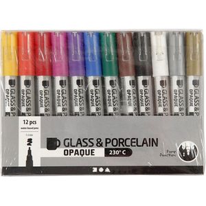 Glas- & Porseleinstiften, Lijndikte 1-2 mm, Semi-dekkend, Diverse Kleuren, 12 Stuk, 1 Doos