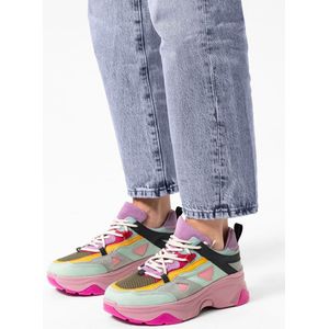 Sacha - Dames - Multicolor leren platform sneakers met roze zool - Maat 38