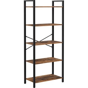 Signature Home Biblio Boekenkast, 5-laags opbergrek, Staand Rek, industrieel design, voor woonkamer, kantoor, studeerkamer en hal, stalen frame, spaanplaat, vintage bruin-zwart