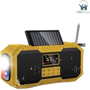 LifeStages - Noodradio Opwindbaar en Batterij - Auto-Scan FM/AM Zwengelradio met Mobiele Telefoonoplaadfunctie - Zonne-oplader - 10W, IPX5 Spatbescherming - Bluetooth-luidspreker - Draagbare Dynamo-noodradio - 4000 mAh Powerbank, Zaklamp, Leeslamp -