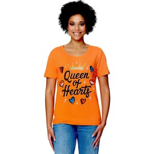 Oranje - T-Shirt Dames - Koningsdag - Queen of Hearts - Maat S - 36-38