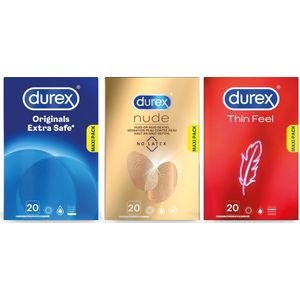 Durex - 60 stuks Condooms - Extra Safe 1x20 stuks - Nude No Latex 1x20 stuks - Thin Feel 1x20 stuks - Voordeelverpakking