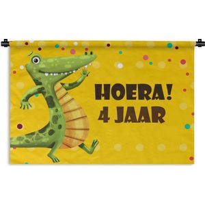Wandkleed - Wanddoek - Verjaardag cadeau - Kind - 4 Jaar - Dinosaurus - 90x60 cm - Wandtapijt