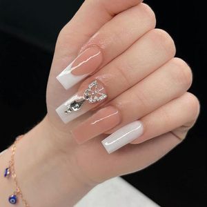 Allecto plus - Vierkante Strass Nagels Roze Wit Gradiënt - Set van 24 Kunstnagels met Vlinder Pailletten - Voor Vrouwen en Meisjes