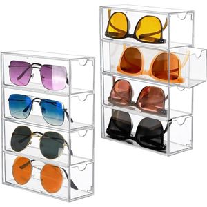 TRANKIELO® – Set van 2 Acryl Brillendozen – 4-Ladige Transparante Opbergdoos – Geschikt voor Brillen, Make-upkwasten en Sieraden