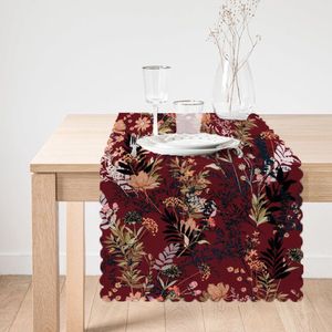 Bedrukt Velvet textiel Tafelloper 45x135 - Bloemen op bordeaux - Fluweel - Runner