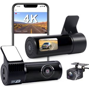 Dashcam voor en achter, 4K met wifi-autocamera loopopname, G-sensor, app-bediening, super nachtzicht, 170 graden + 140 graden groothoek, veiligere supercondensator