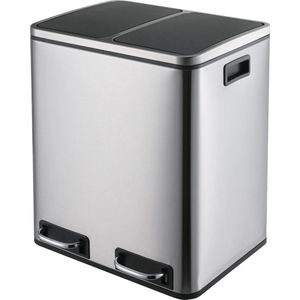 Prullenbak van 30 liter (2 x 15L), Pedaalemmer met 2 Vakken - Duo Vuilbak - Afvalbak voor Afvalscheiding - Dubbele Vuilnisbak in RVS - Zilver