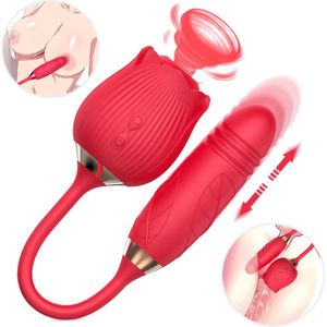 Luxe Vibrator roos met zuigende beweging met op en neer gaande vibrator - 10 standen - rood