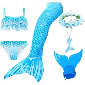 Collox Zeemeerminnenstaart - Badmode voor meisjes - Kostuum - Zwemkleding - Bikini - Feest - Inclusief flippers, bikini, haarband , ketting - Geschikt voor kids 121-130 cm - Leeftijd 7/8 jaar - Blauw