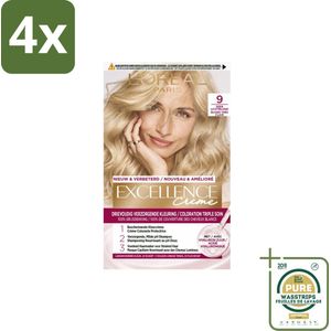 L'Oréal Paris - Excellence Crème - Zeer Lichtblond 9 - Haarverf - Permanente Haarkleuring - Voordeelverpakking - 4 stuks - Grijsdekking - L'Oréal Paris