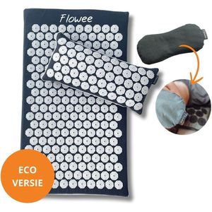 Flowee Relaxset - Spijkermat ECO, spijkerkussen & Oogkussen - Grijs met wit - Vulling Kokosvezels & Boekweitkaf & Lavendel (77x45+22x44cm) - Acupressuur Mat - Spijkerbed - Acupunctuur - Shakti Massage - Vijf jaar Garantie