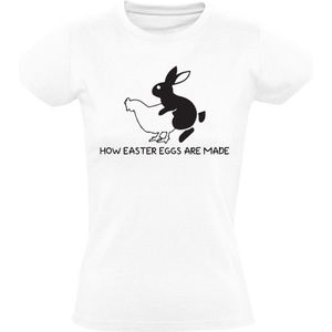 How Easter eggs are made Dames T-shirt - konijn - kip - boerderij - pasen - eieren - humor - paaseieren - bespringen