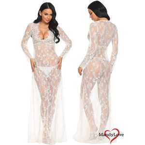 Verleidelijke transparante wit kanten maxi jurk met lange mouwen – Sexy lingerie jurk nachtkleding - Cover-up jurk - Strandjurk - Sexy kleding - Transparent white lace maxi dress with long sleeves