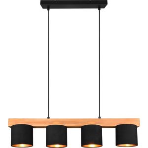 LED Hanglamp - Hangverlichting - Trion Camo - E14 Fitting - 4-lichts - Rechthoek - Mat Zwart/Goud - Hout