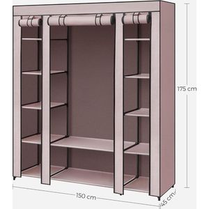 Kledingkast, stoffen kast, met bekleding van vliesstof, opvouwbare kledingkast met kledingstang, 45 x 150 x 175 cm, 12 legplanken, metalen frame, antiek roze LSF003P02