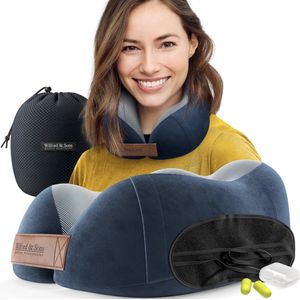 Nekkussen Memory Foam Reiskussen: Set met Slaapmasker Oordopjes + Tas | Reis Accessoire Travel Pillow U-Vorm Traagschuim | Zacht Cover wasbaar | Hoofdkussen Vliegtuig Auto Bus Trein Vakantie Man Vrouw