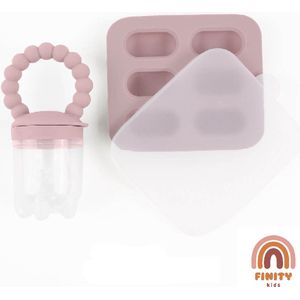 Finity Kids Fruitspeen en Bijtring - BPA/PVC Vrij - Inclusief Vriesbestendig Bewaarbakje - Verlichting voor Doorkomende Tandjes - Vaatwasmachinebestendig - Roze
