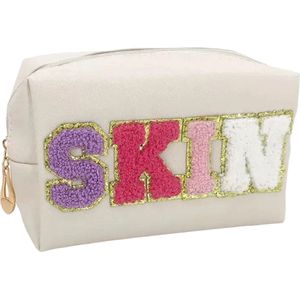 Make-up tas/toilettas SKIN white gekleurde letters