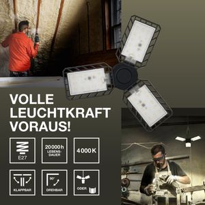 LEDVANCE Highbay Blade ceiling lamp in black, plastic, with adjustable light wings, provides 23 W or 2350 lm in neutral white with 4,000 K, E27 screw thread, 231-mm diameter, IP20