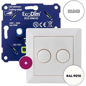 JUNG duo led dimmer, ECO-DIM.05, druk/draai, kleine inbouwdiepte, 2x 100W LED, inclusief wit afdekmateriaal passend in JUNG AS500 serie