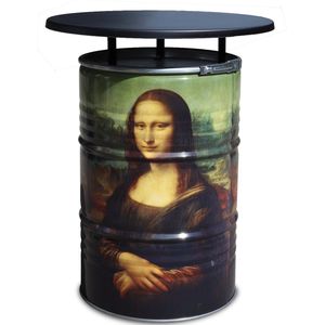 Barrelkings statafel 200l olievat full color bedrukt: Leonardo Da Vinci- Mona Lisa kunst met zwart ronde blad. 80x105 cm Geschikt voor de horeca/tuin/terras/huiskamer- Decoratietafel