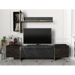 TV meubel - 3 deuren - Zwart marmer effect en goudkleurig - CADEBA L 180 cm x H 45 cm x D 32.3 cm