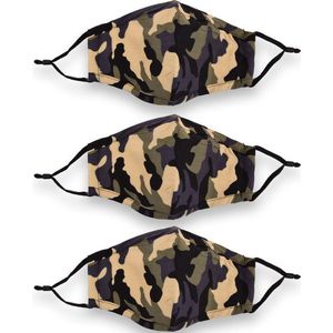 3-Pack Camouflage Mondkapje Wasbaar | 100% Katoen Unisex | Geschikt voor Kinderen & Volwassenen | 24cm x 15,5cm | Duurzaam & Herbruikbaar | Bescherming tegen Luchtvervuiling