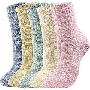 5 Paar Dikke Thermosocken - Wollen Wintersokken Dames - Extra Warm & Ademend - Rekbaar Unisex Model - Antislip Zool-Lichtgekleurd pak