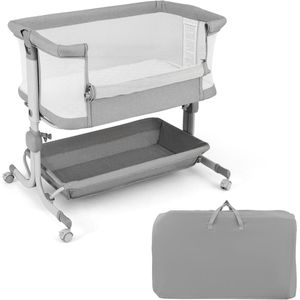 Babybed, in 6 niveaus, in hoogte verstelbaar, babybed met matras en wielen, draagbaar reisbed voor baby van 0-6 maanden, wieg met opbergmand (lichtgrijs)