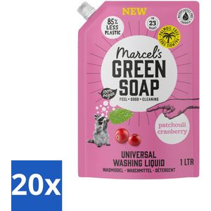 20 x Marcel's Green Soap - Vloeibaar Wasmiddel - Universeel - Navulling - Patchouli & Cranberry - Effectief & natuurlijk - 23 Wasbeurten - 1 liter - Wasmiddel - Navul - Duurzaam Wasmiddel - Palmolievrij - Geur Perzik En Jasmijn